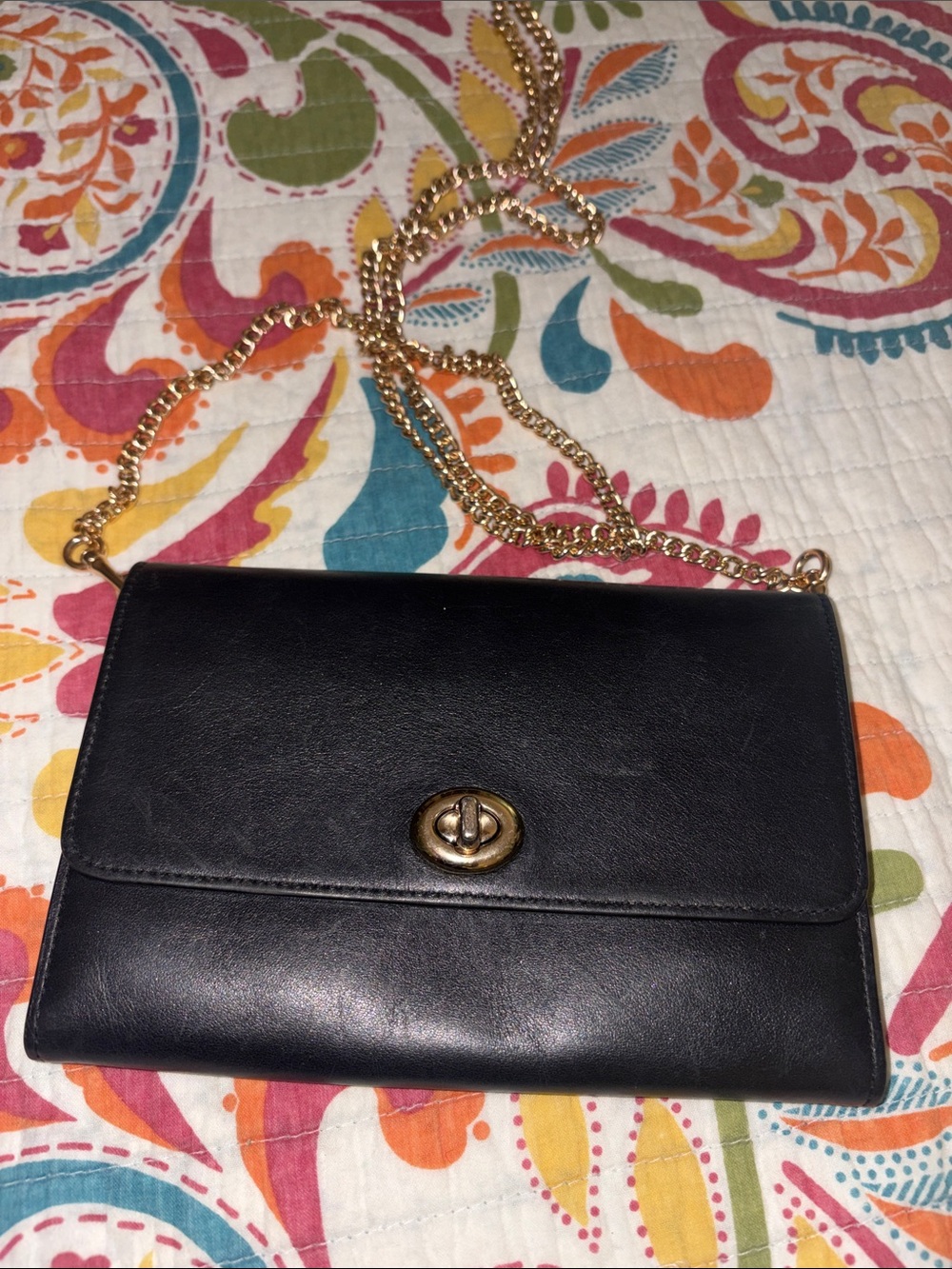Coach Black Leather Crossbody with Gold Chain